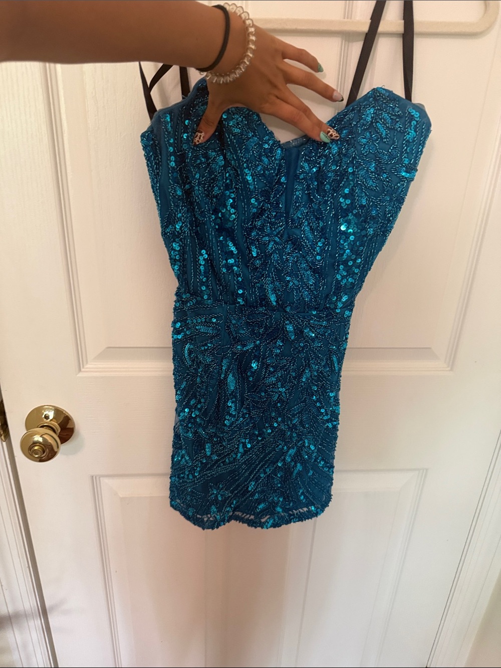 Primavera Couture Teal Blue Sequined Mini Dress